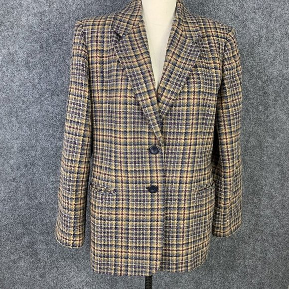 Worthington Blazer Jacket Women 12p Wool Blend 2 Button Brown Plaid Lined - Picture 10 of 10